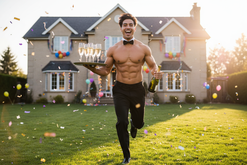 A topless latino waiter running towards the hens party house holding glasses and a champagne while cheering for his arrival 